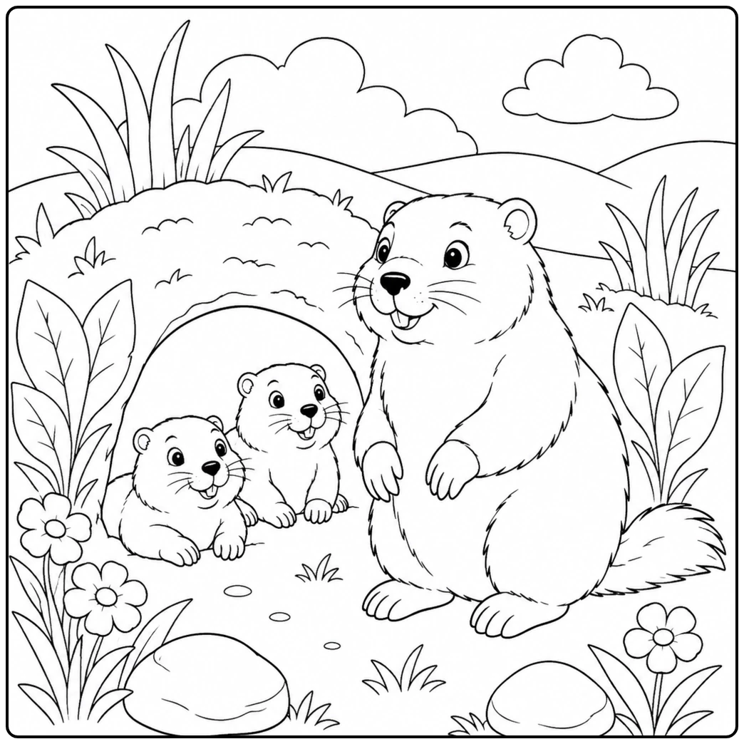 An adult groundhog stands beside two young groundhogs near a burrow entrance surrounded by flowers and grass.