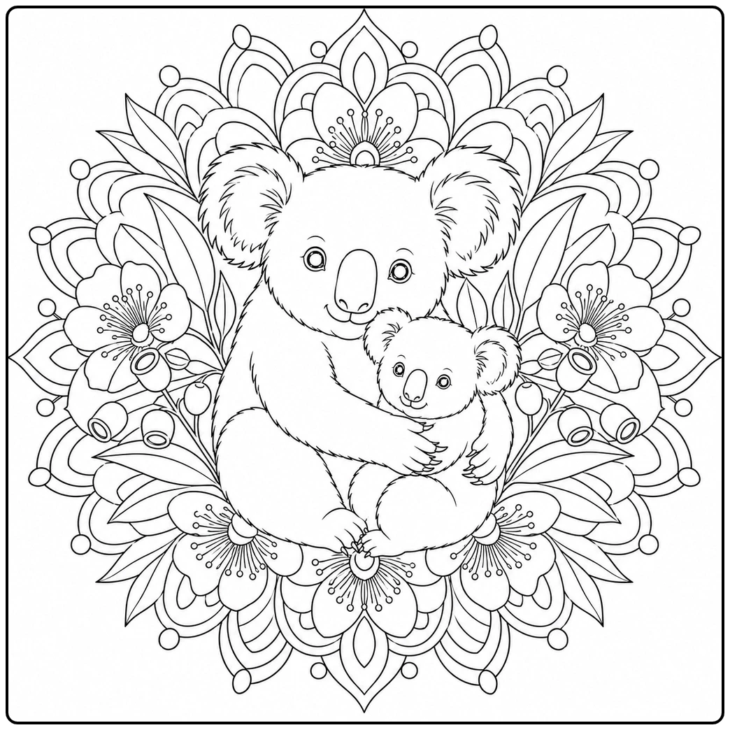 Mother and joey cuddle in a koala mandala coloring page for adults filled with flowers