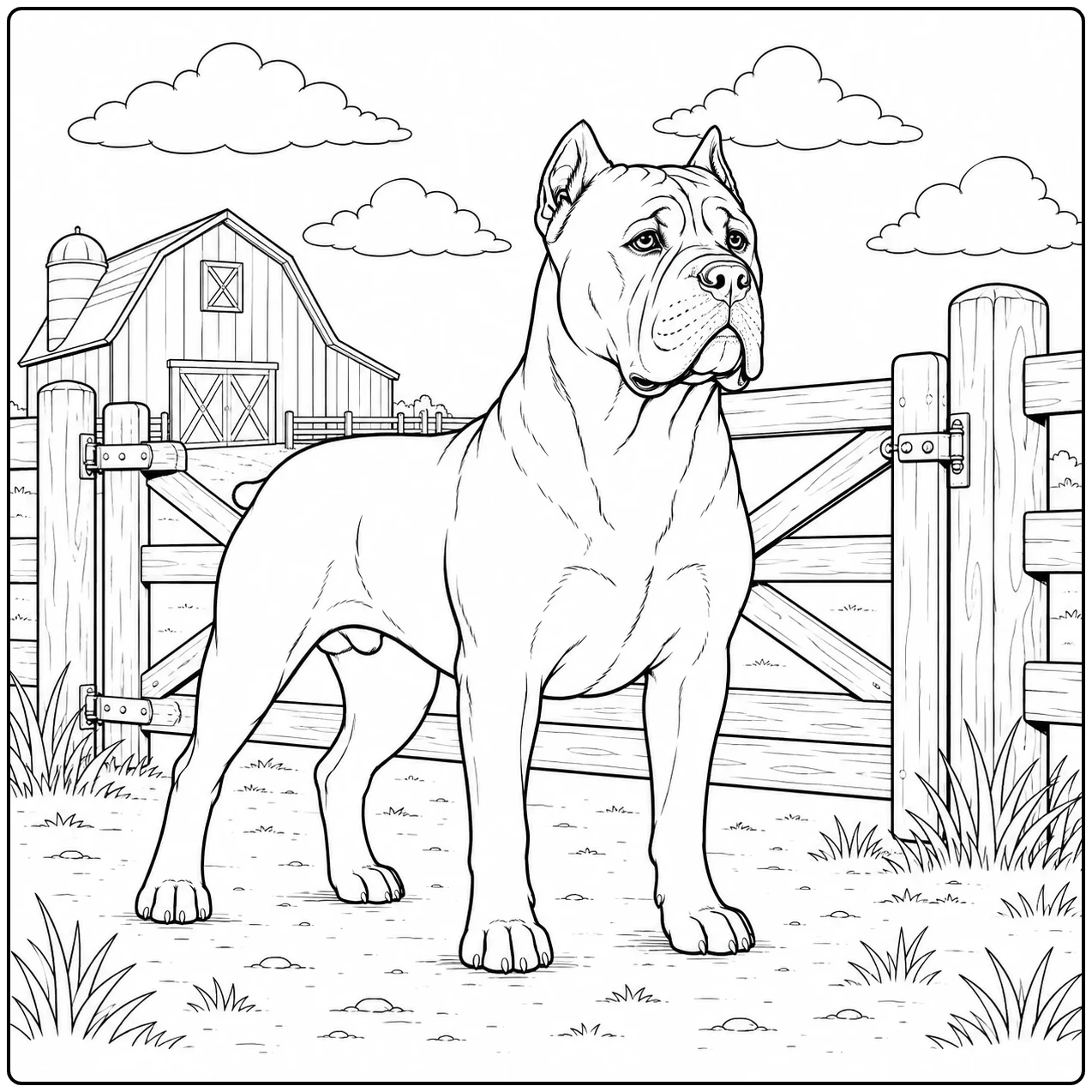 A sturdy dog stands by a farm fence in a Cane Corso coloring page with barns and hills