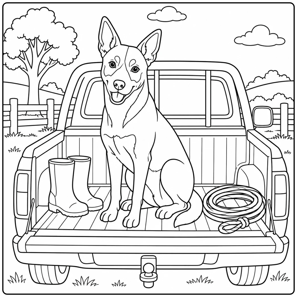 Happy farm dog sits in a ute bed beside boots and a coiled rope, kelpie colouring page