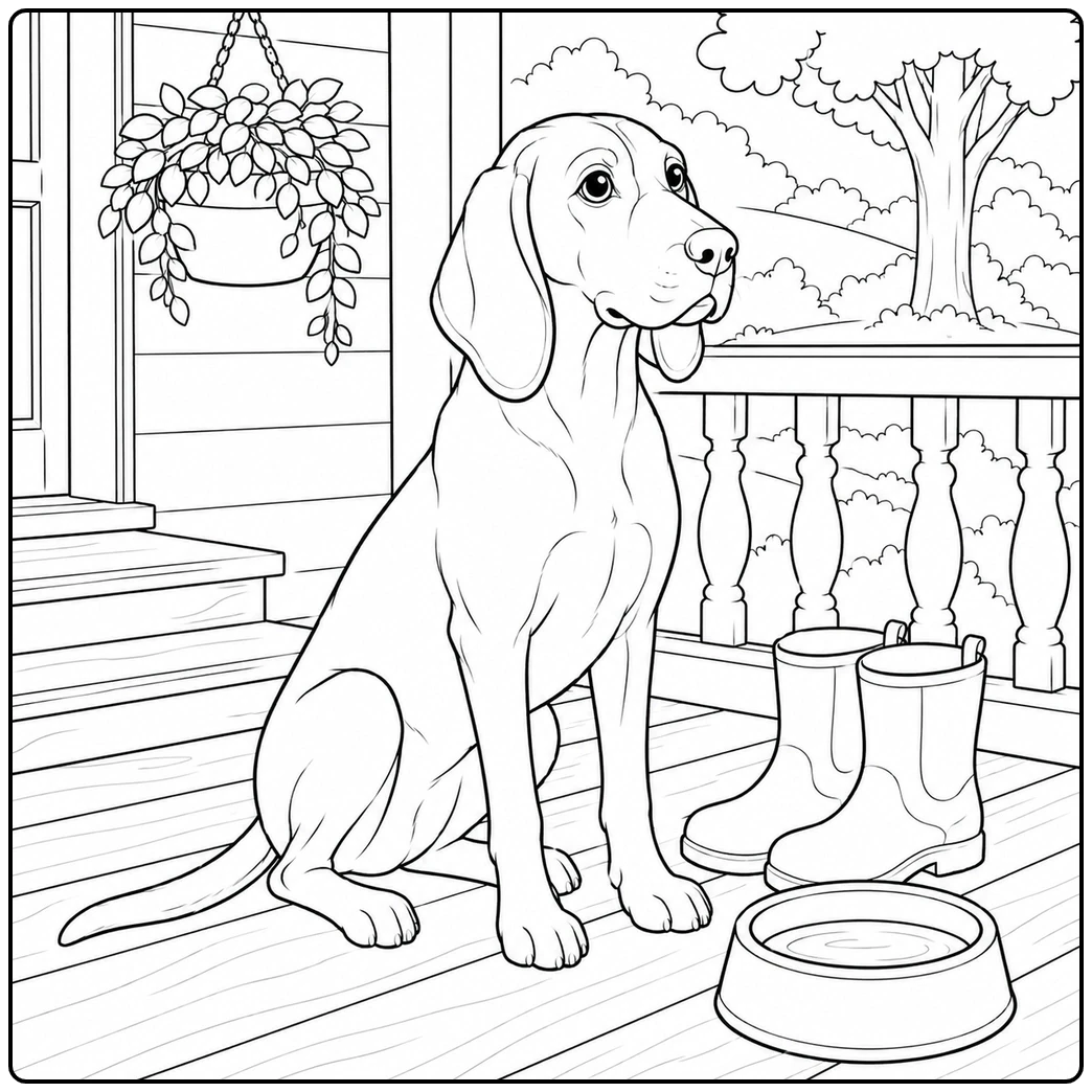 Seated hound on a farmhouse porch beside boots and a bowl, arranged like a calm coonhound coloring page