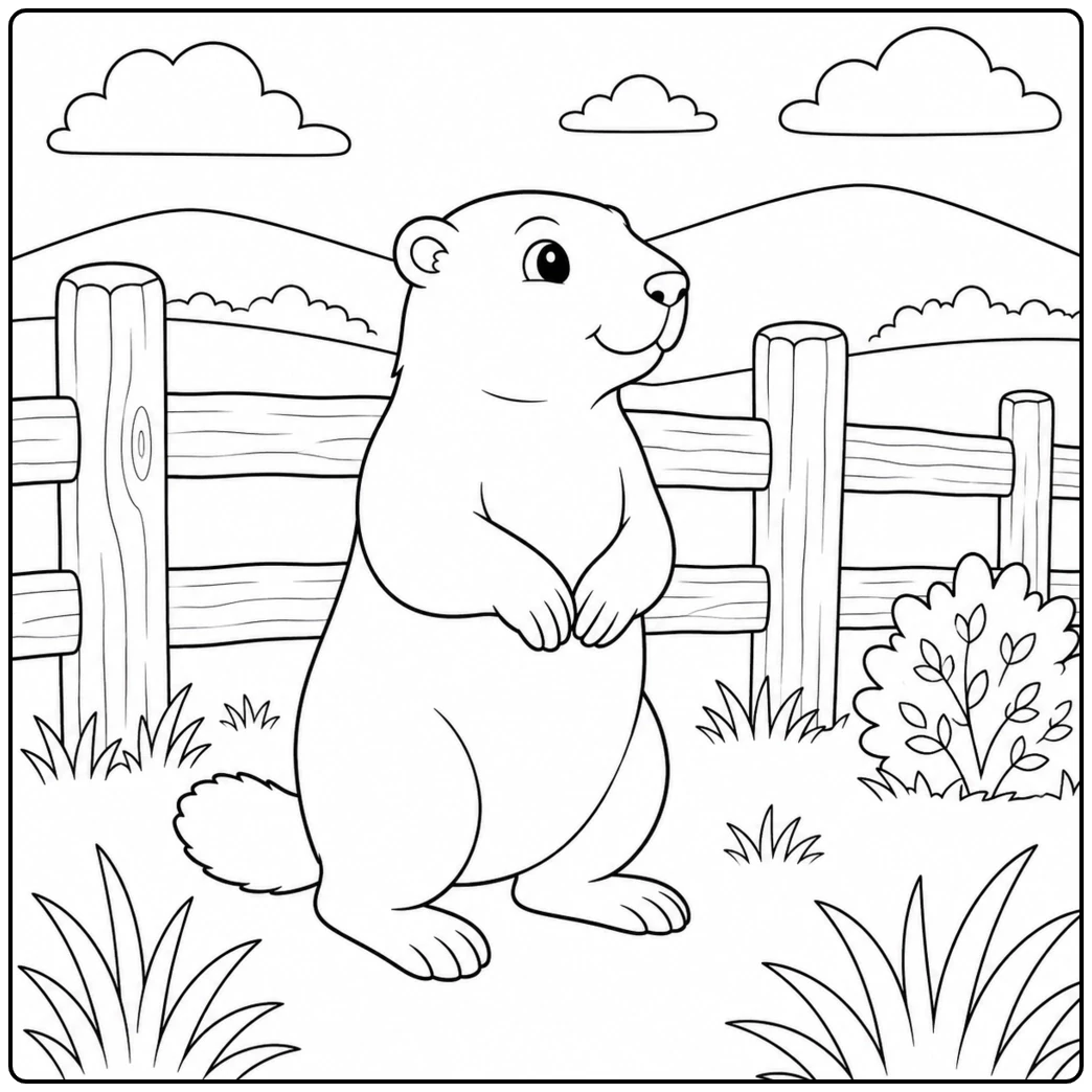 An upright groundhog stands near a wooden fence with distant hills, clouds, and grasses behind it.