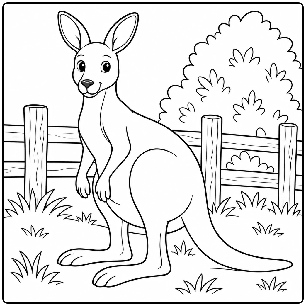 Kangaroo coloring page with a seated kangaroo beside a wooden fence, grass clumps, and a rounded bush.