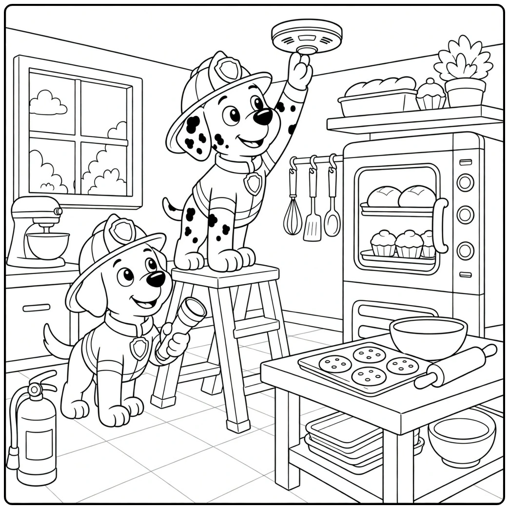 firefighter dog coloring page with two dogs in kitchen