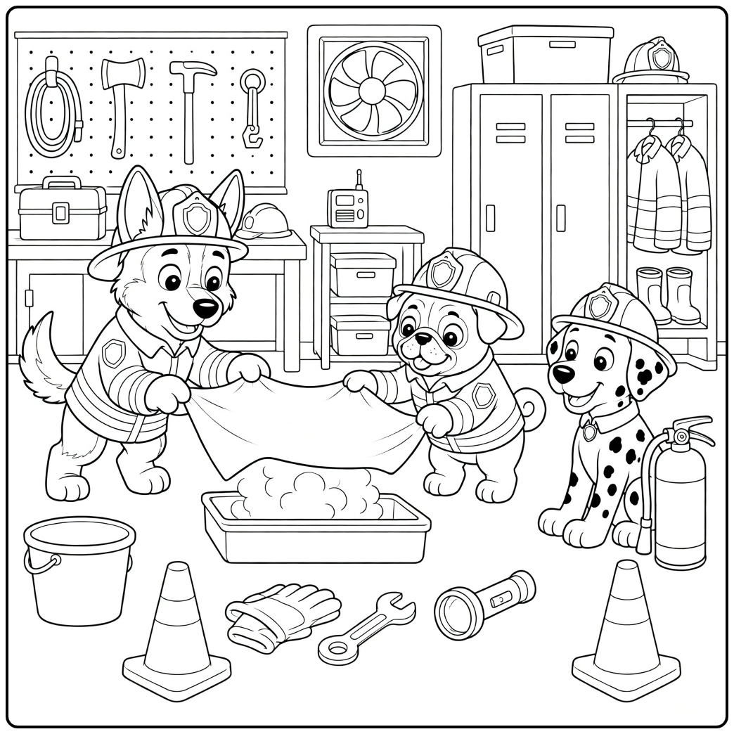 Firefighter dog coloring page with three dogs holding cloth