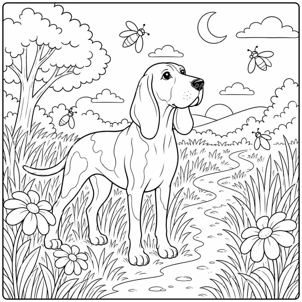 Hound watching fireflies in a grassy evening field with flowers, moon, clouds, and winding path