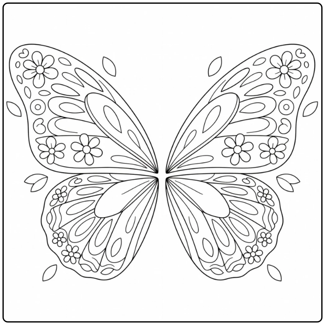 Symmetrical butterfly wings filled with flowers, hearts, curved lines, and scattered petals