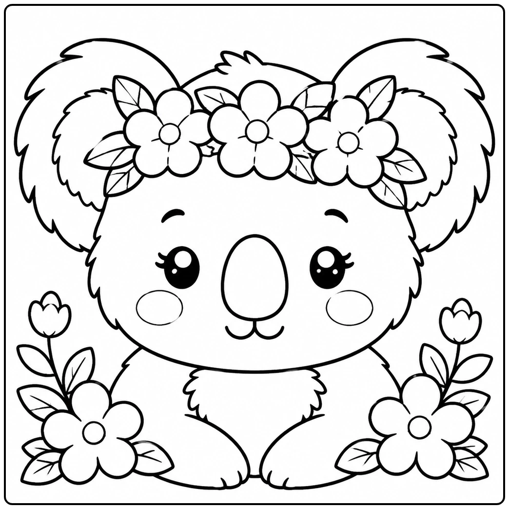 Flower-crowned koala sits between blossoms and leafy plants with large fluffy ears