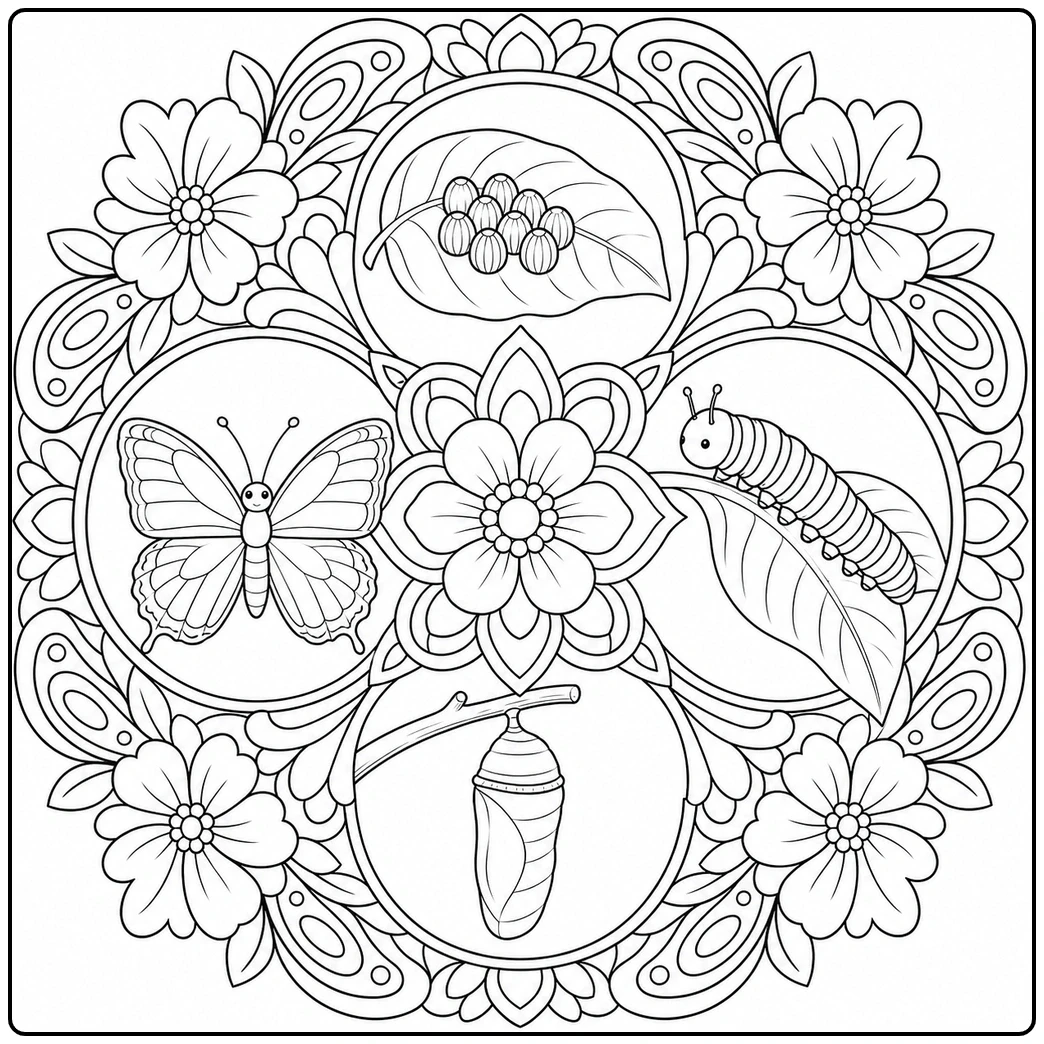 Floral mandala surrounds a butterfly life cycle coloring page with four distinct stages.