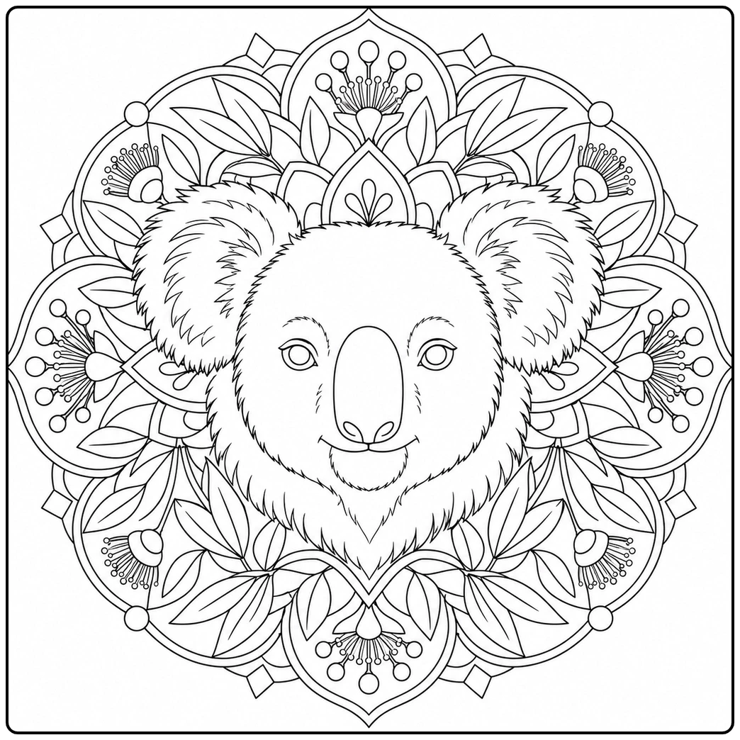 Centered koala face framed by a detailed circular mandala of flowers and layered leaves