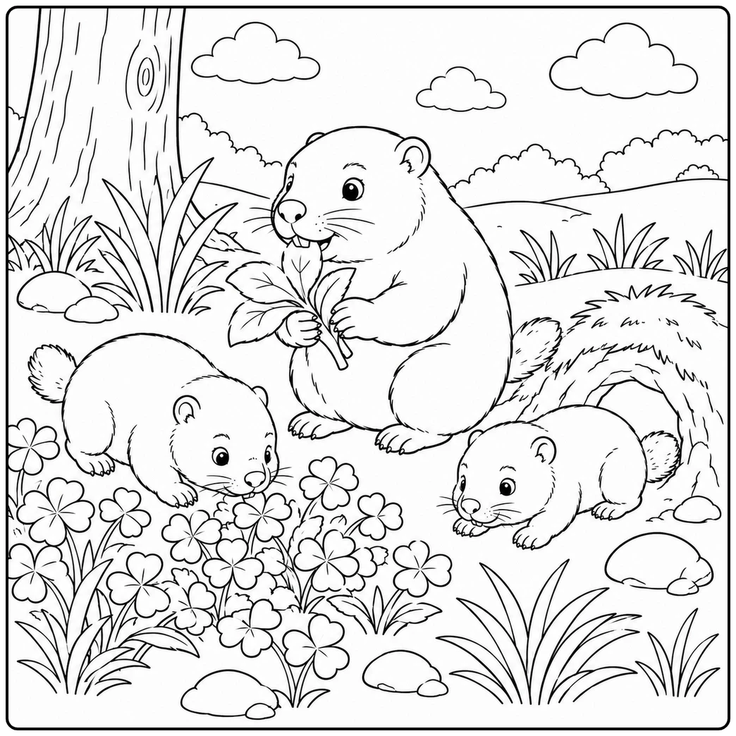 Three groundhogs forage among flowers and rocks in a groundhog coloring page, with one sitting upright holding leaves.