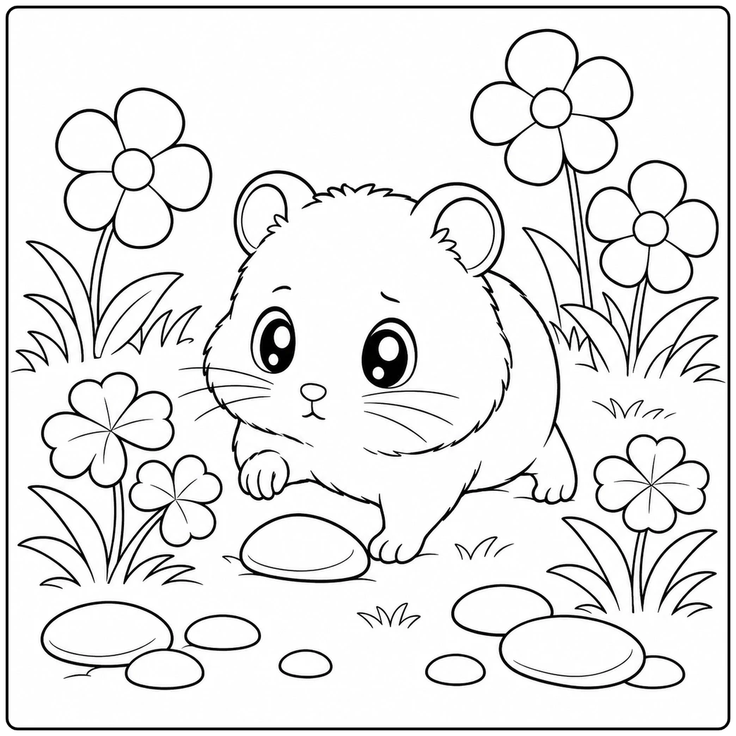 Wide-eyed baby hamster walks through a flower garden dotted with grass tufts and smooth stones