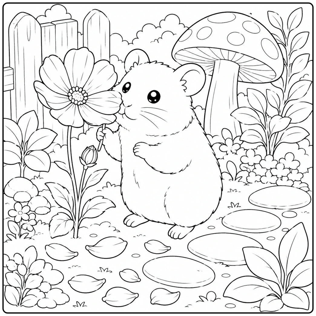 Garden hamster coloring page with a fluffy pet sniffing a large flower beside mushroom and stepping stones