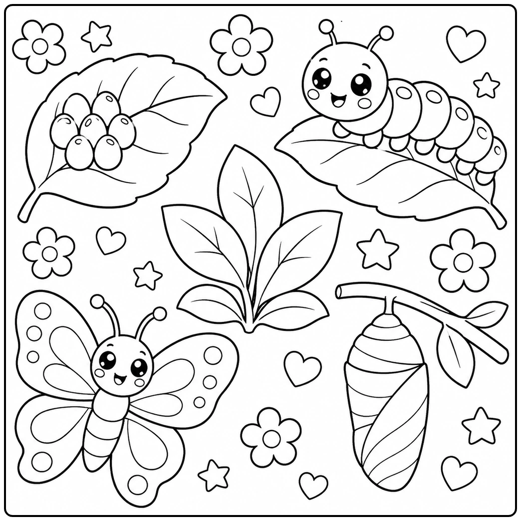 Butterfly, caterpillar, eggs and hanging chrysalis appear among flowers and leafy stems.