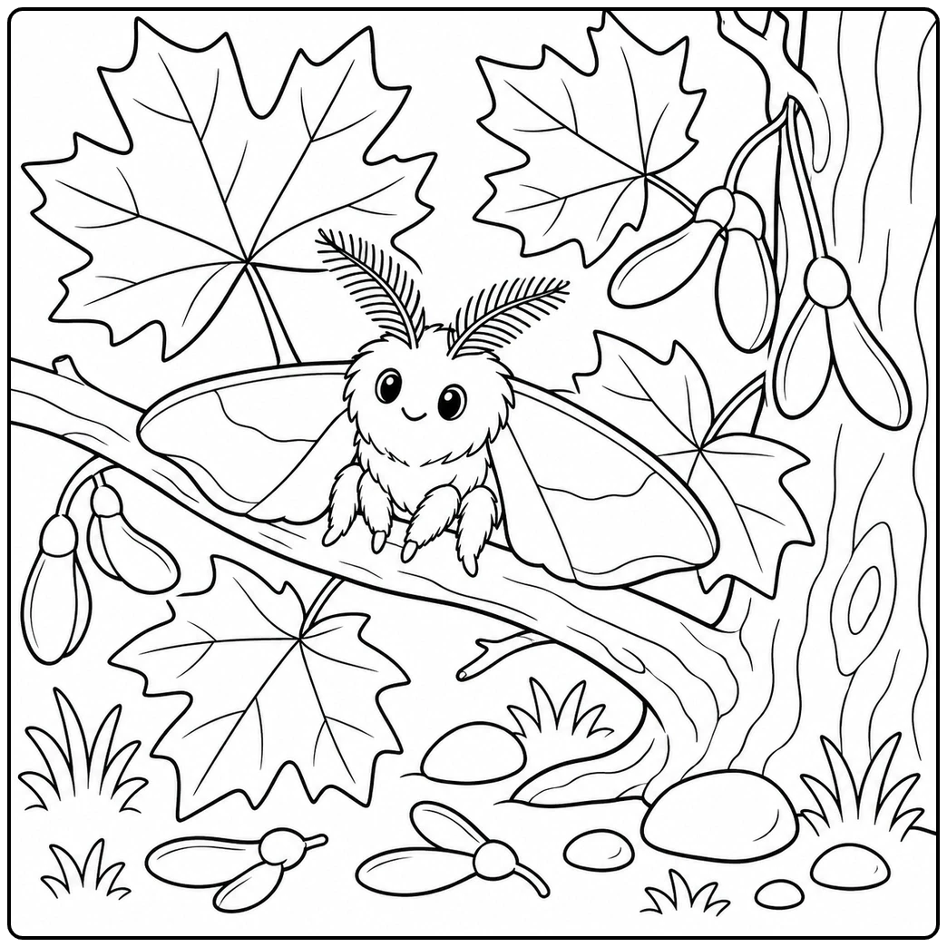 A fluffy moth perches on a maple branch surrounded by broad leaves and seed pods.