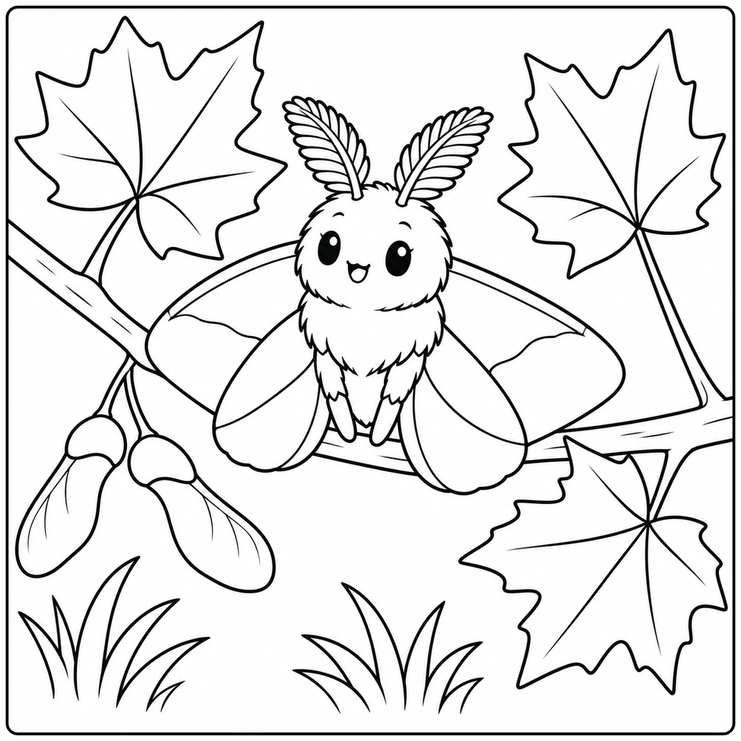 Fluffy moth rests on a maple leaf among large leaves, winged seeds, and short grass.