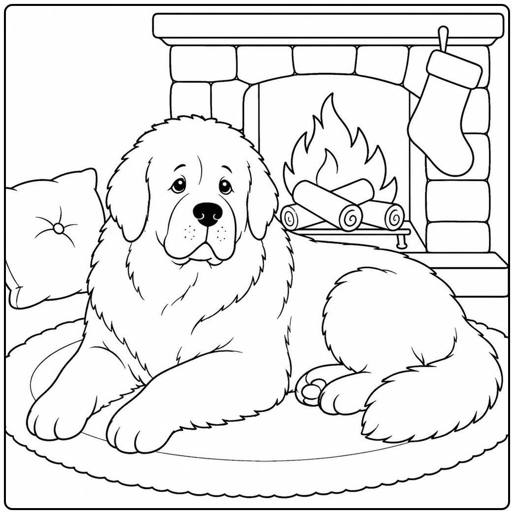 Fluffy Newfoundland dog resting on a rug beside a cozy fireplace, pillow, and stocking