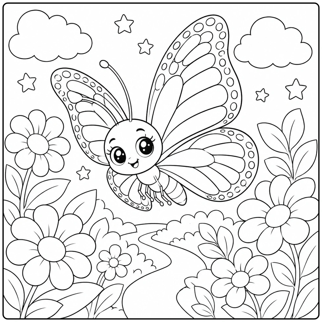 Kawaii butterfly flies over a winding garden path in this monarch butterfly coloring page.