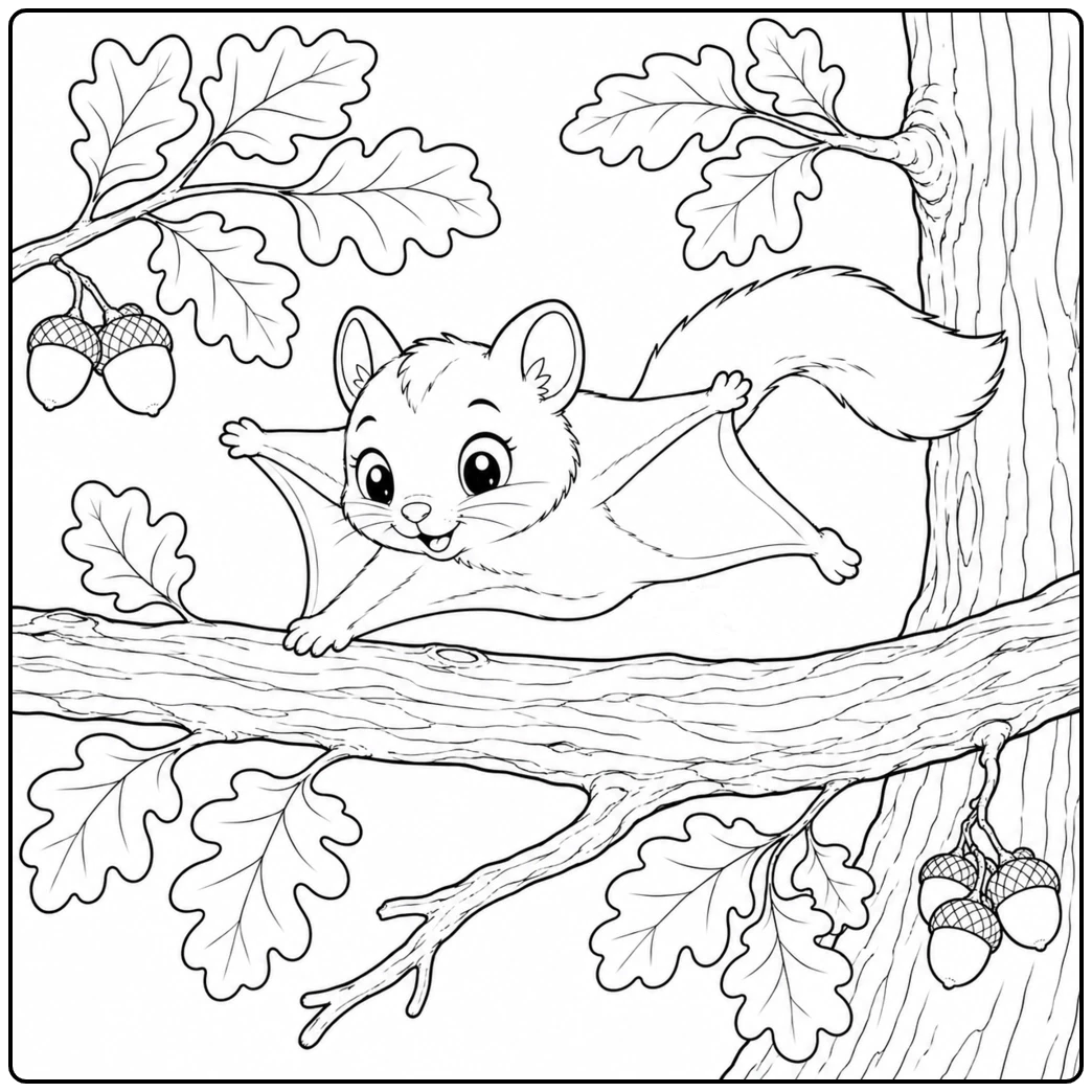 Flying squirrel stretches its gliding membrane above an oak branch with hanging acorns