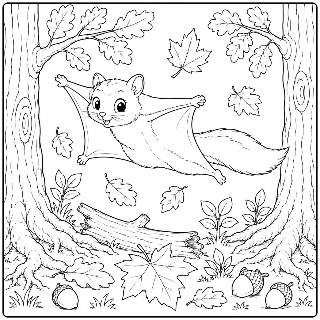 Flying squirrel glides between two tree trunks above fallen leaves, acorns, and a log