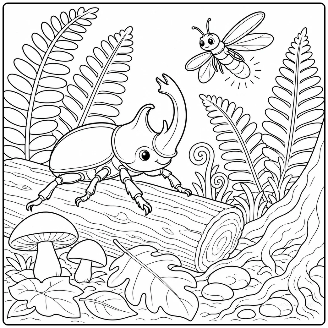 Rhinoceros beetle on a fallen log with a firefly above in a forest insect coloring page