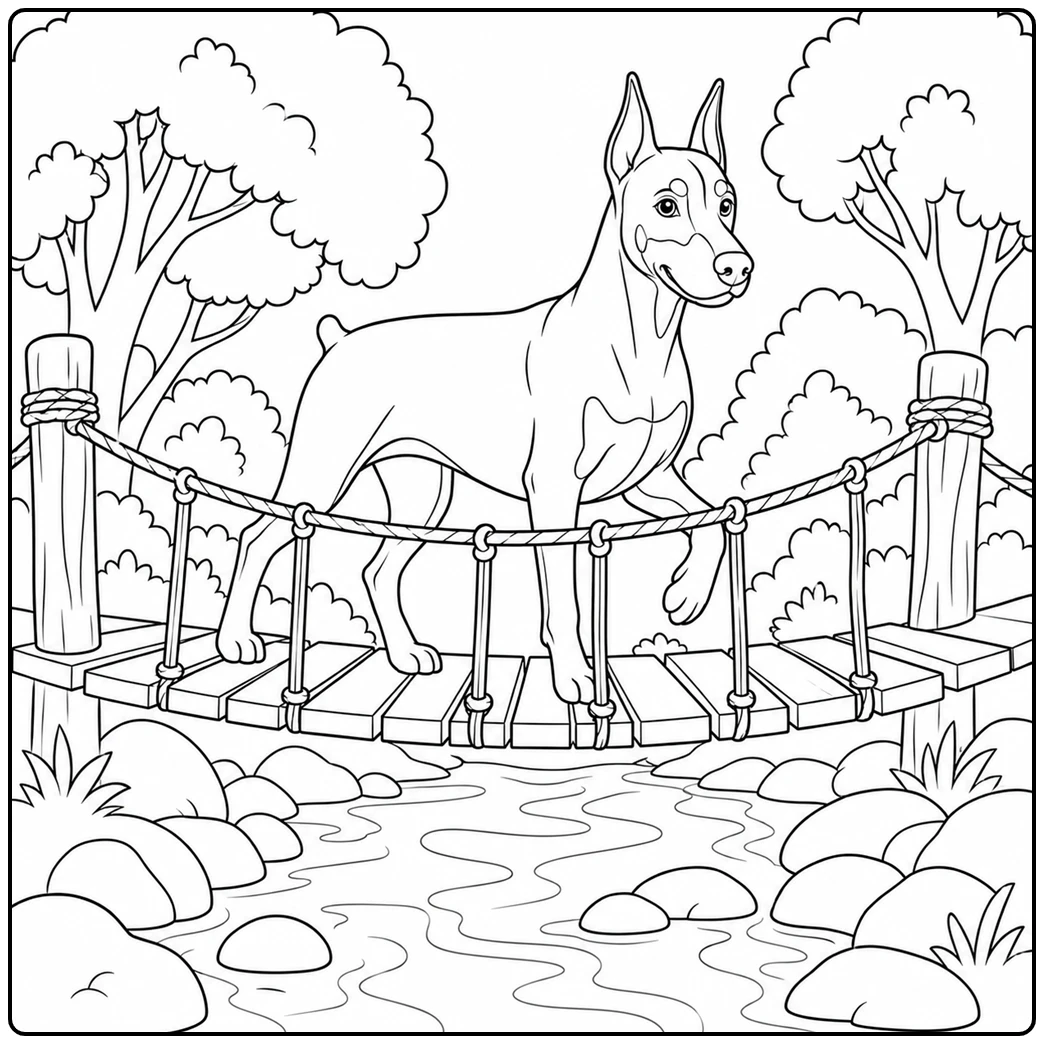 Alert Doberman crossing a rope bridge over a rocky stream with tall trees nearby