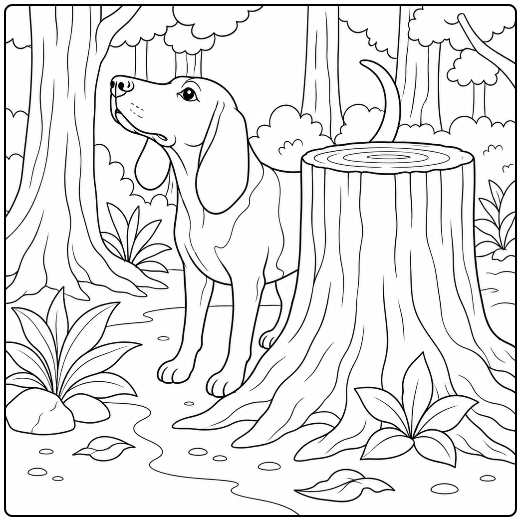 Long-eared hound peeking from behind a tree stump among forest plants and large roots