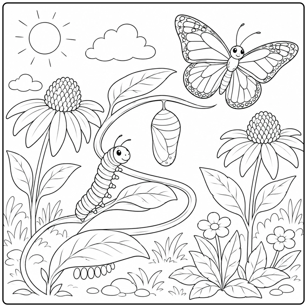 Eggs, caterpillar, chrysalis, and adult on a monarch butterfly life cycle coloring page