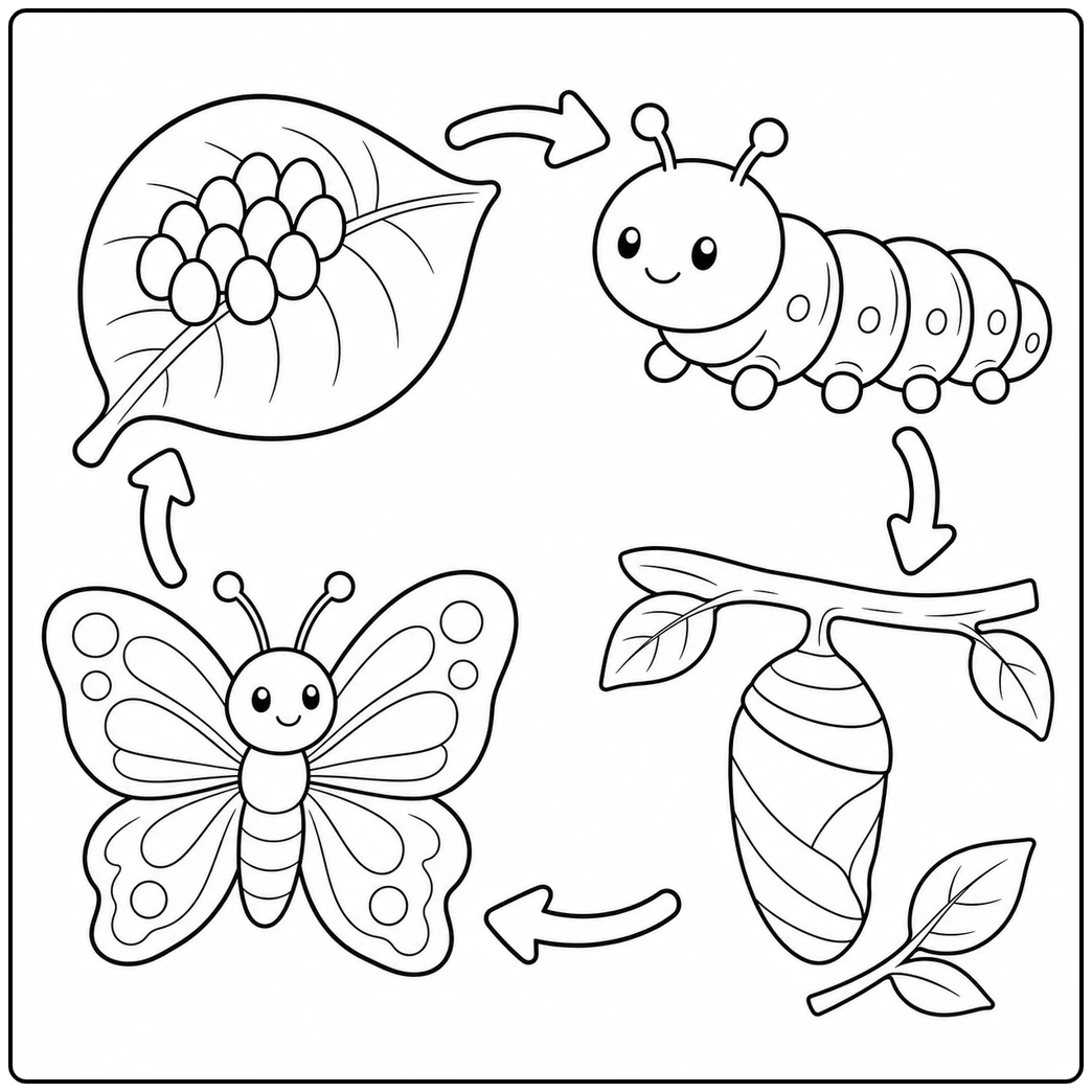 Four stages linked by arrows form a simple butterfly life cycle coloring page for kids.