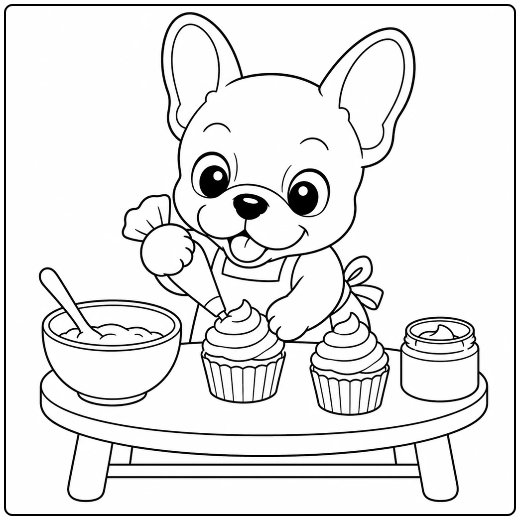 French Bulldog decorates cupcakes beside a mixing bowl and frosting jar