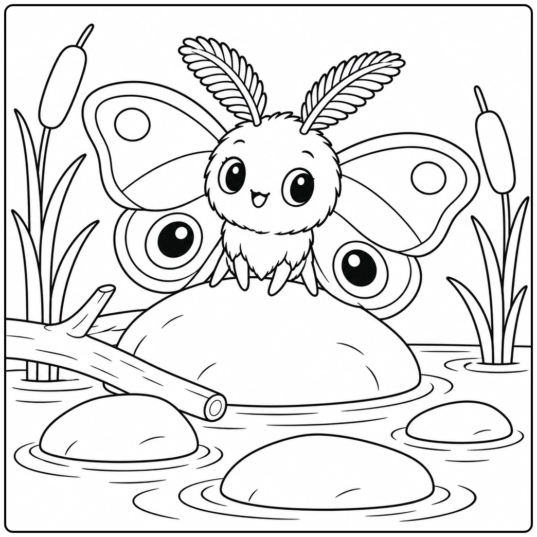 Friendly Io moth rests on a rock beside water, reeds, stones, and two bold wing eyespots.
