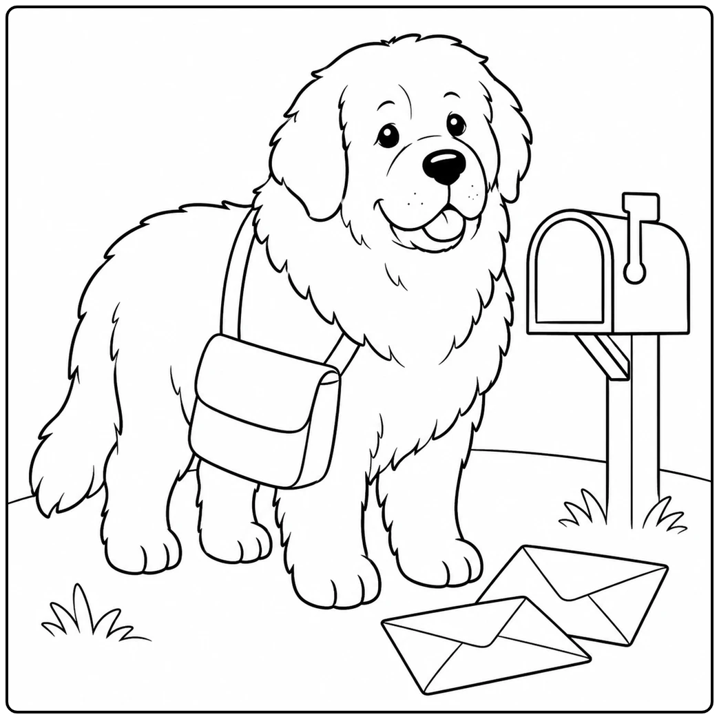 Friendly Newfoundland dog carrying a mail bag beside a mailbox and large envelopes