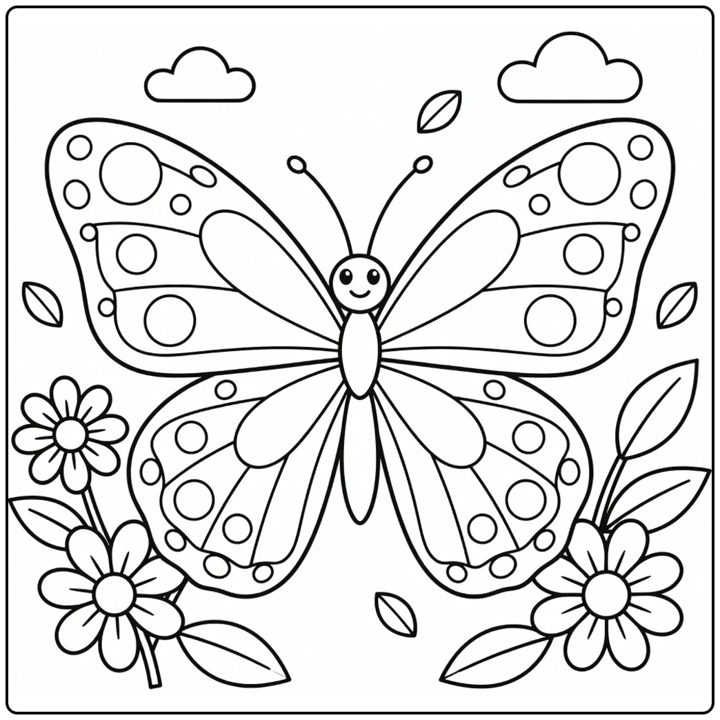 Front-facing butterfly coloring page with clouds, flowers, and drifting leaves
