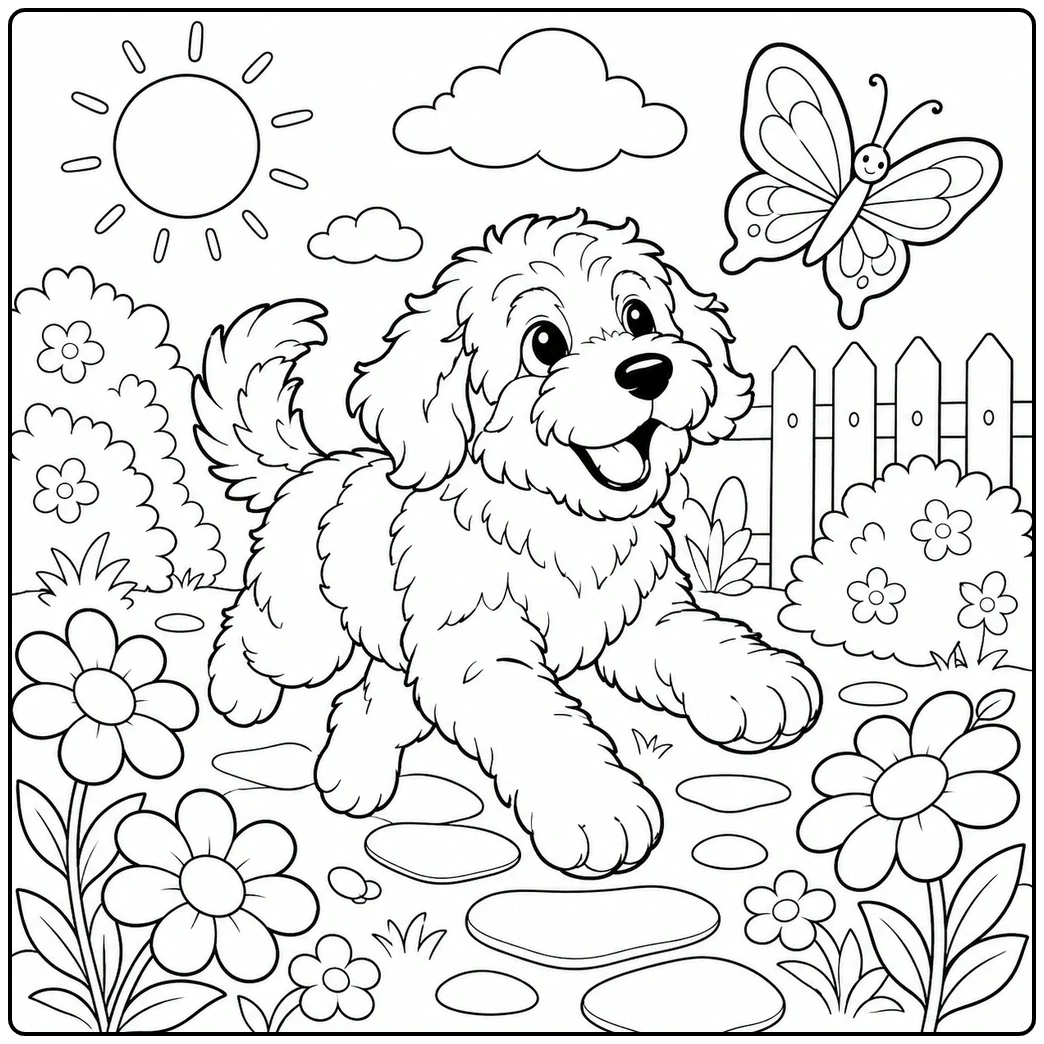 Bernedoodle coloring page with a joyful puppy chasing a butterfly along a flower-filled garden path