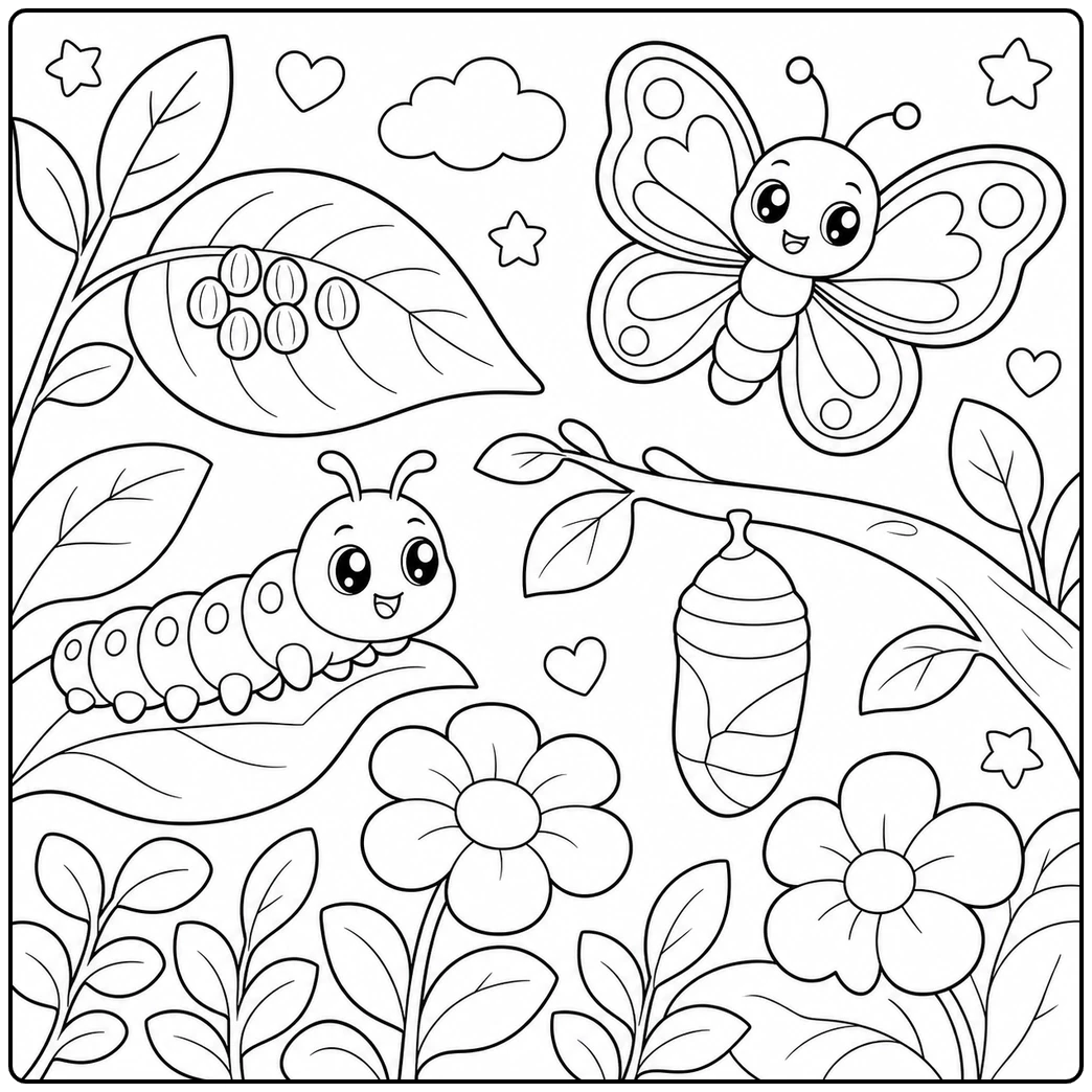 Eggs, caterpillar, chrysalis and butterfly fill this butterfly life cycle coloring page.