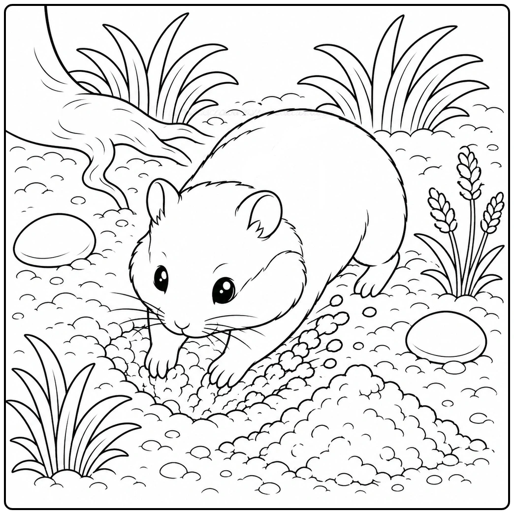 Small dwarf hamster digs through loose soil near tree roots, grass clumps, grain stalks, and stones