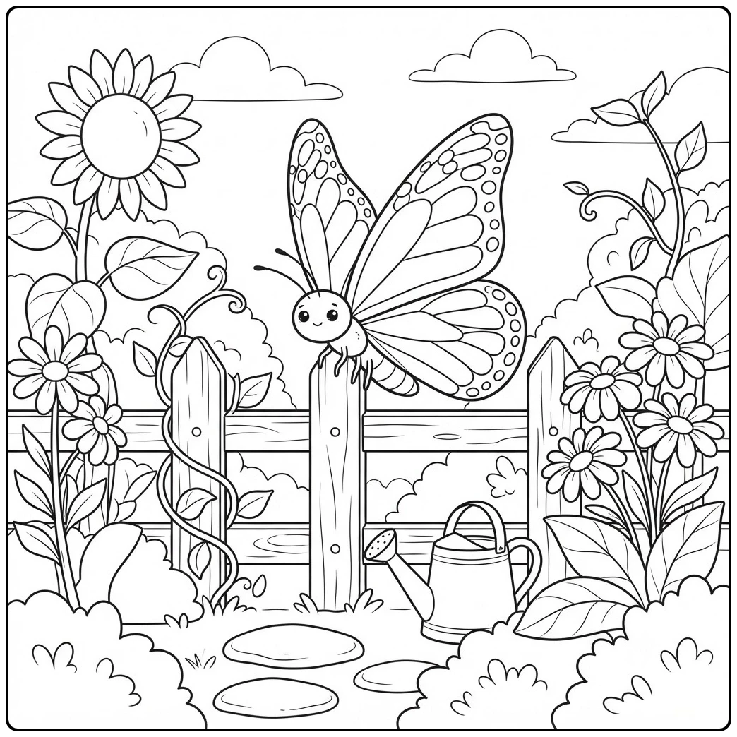 Smiling butterfly rests on a garden fence among flowers, vines, clouds, and a watering can.
