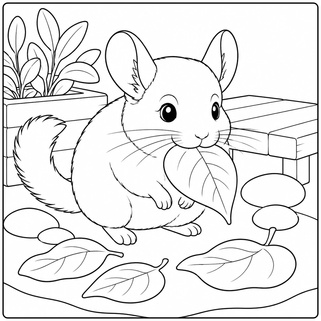 Chinchilla holding a broad leaf in an indoor garden with smooth stones and a planter