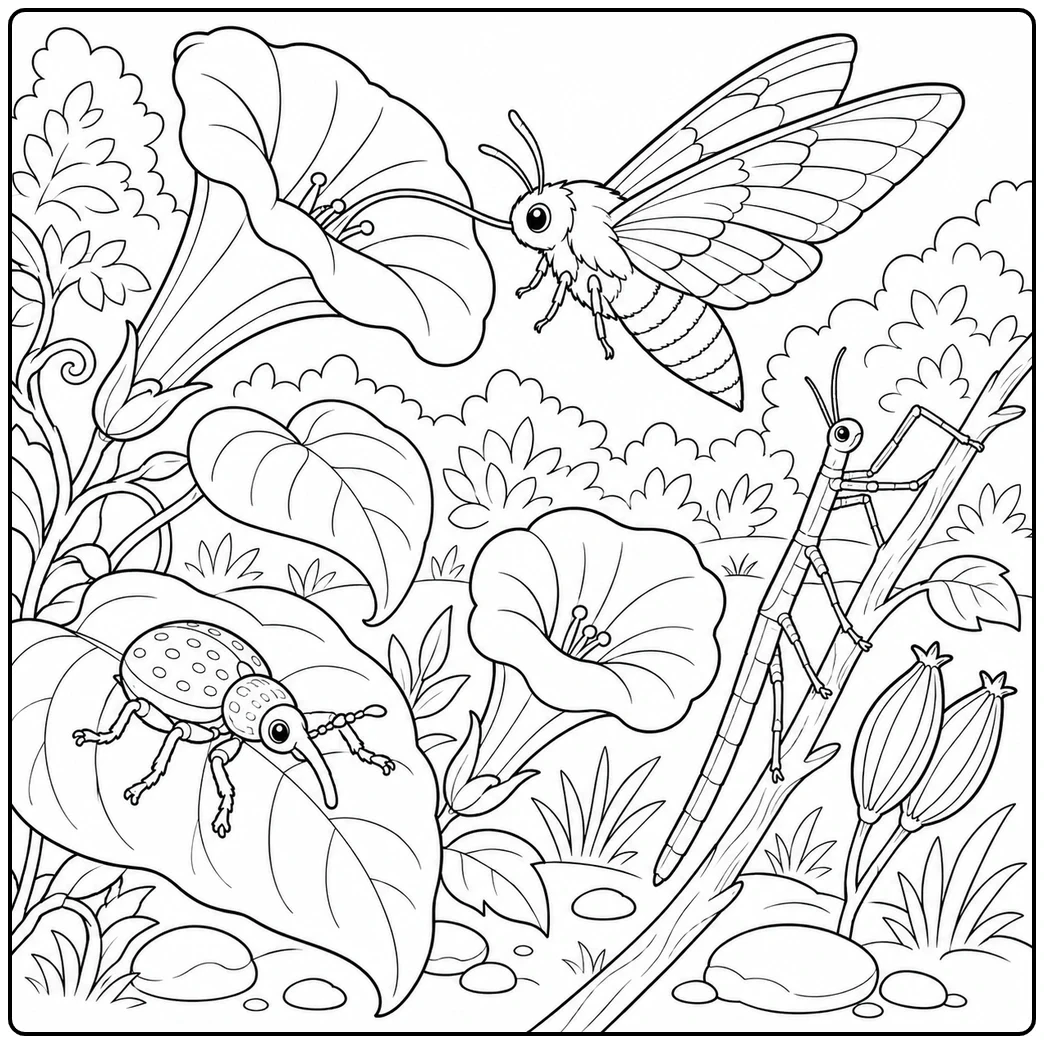 A hawk moth feeds beside a trumpet flower in an insect coloring page with a weevil nearby