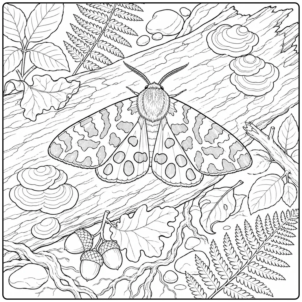 Forest moth coloring page with a patterned moth resting above oak leaves and ferns.