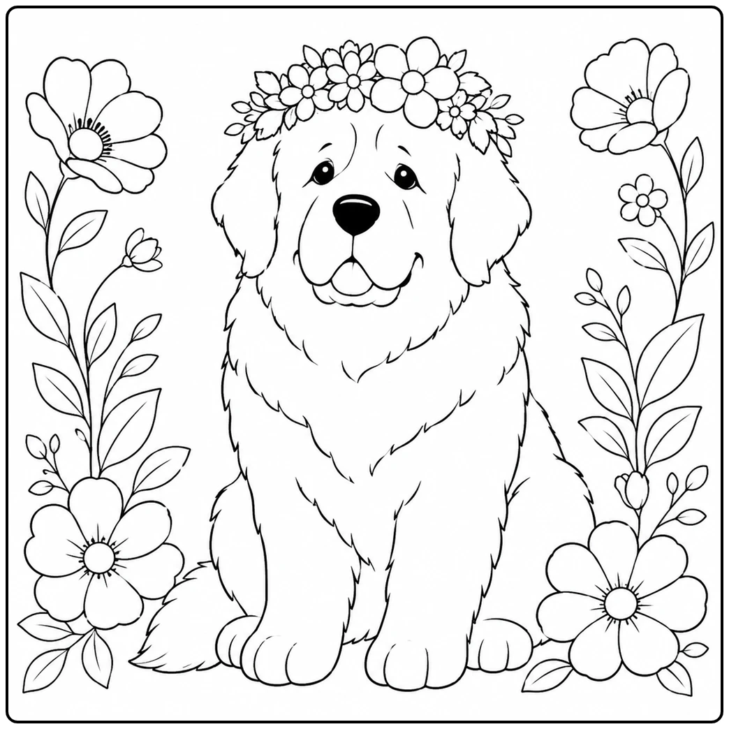 Gentle Newfoundland dog wearing a flower crown among large flowers and leaves