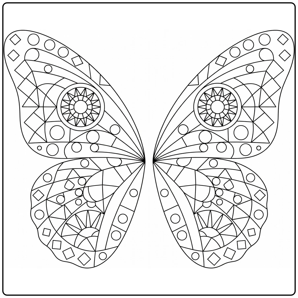 Geometric butterfly wing coloring page with circles, diamonds, sunbursts, and angular sections