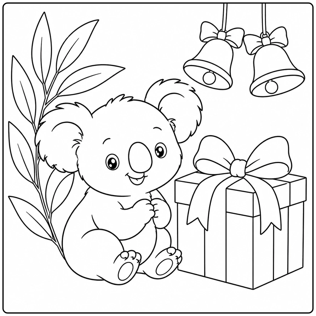Koala sits beside a wrapped gift beneath hanging bells in a festive holiday scene