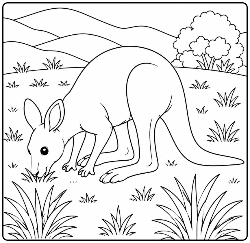 Kangaroo bends toward the grass in an open plain, with tufts of plants, hills, and a small tree behind.