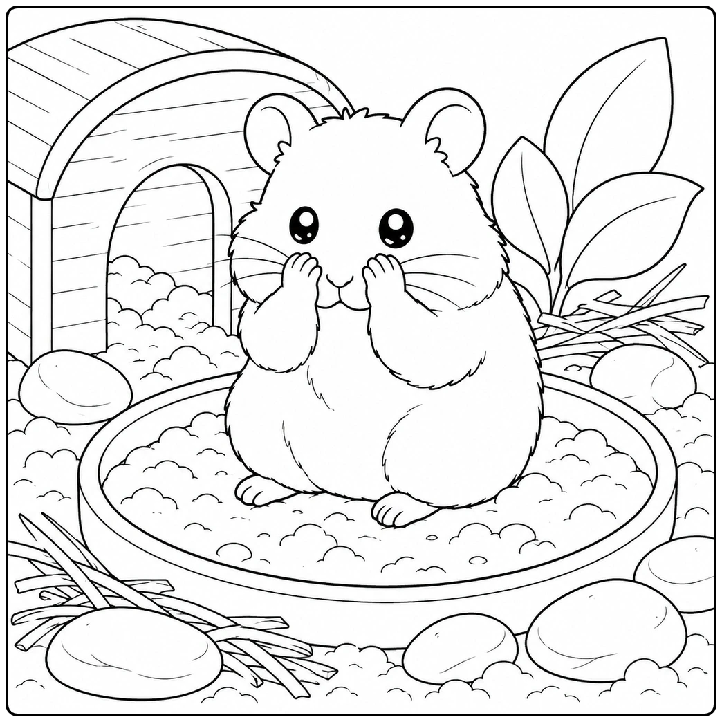 Round hamster grooming its face while sitting in a shallow tray surrounded by stones and hay