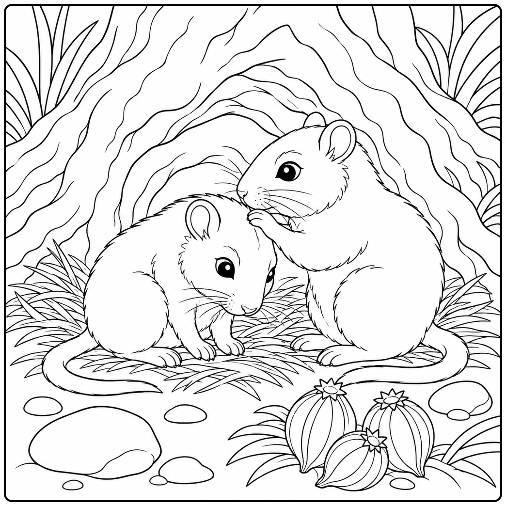 Two gerbils grooming inside a tree hollow on a soft grass nest with seed pods nearby
