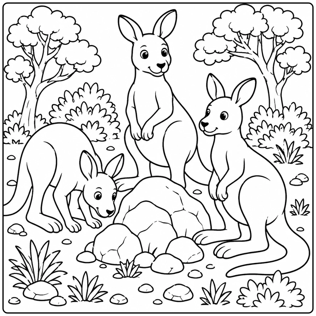 Three kangaroos gather around a low rocky mound in a bushy landscape filled with trees and shrubs.
