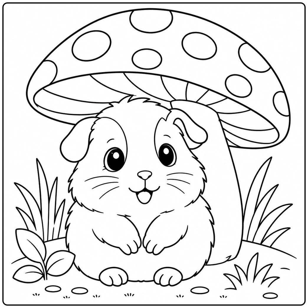 Smiling guinea pig sitting under a large spotted mushroom with grass tufts and small pebbles