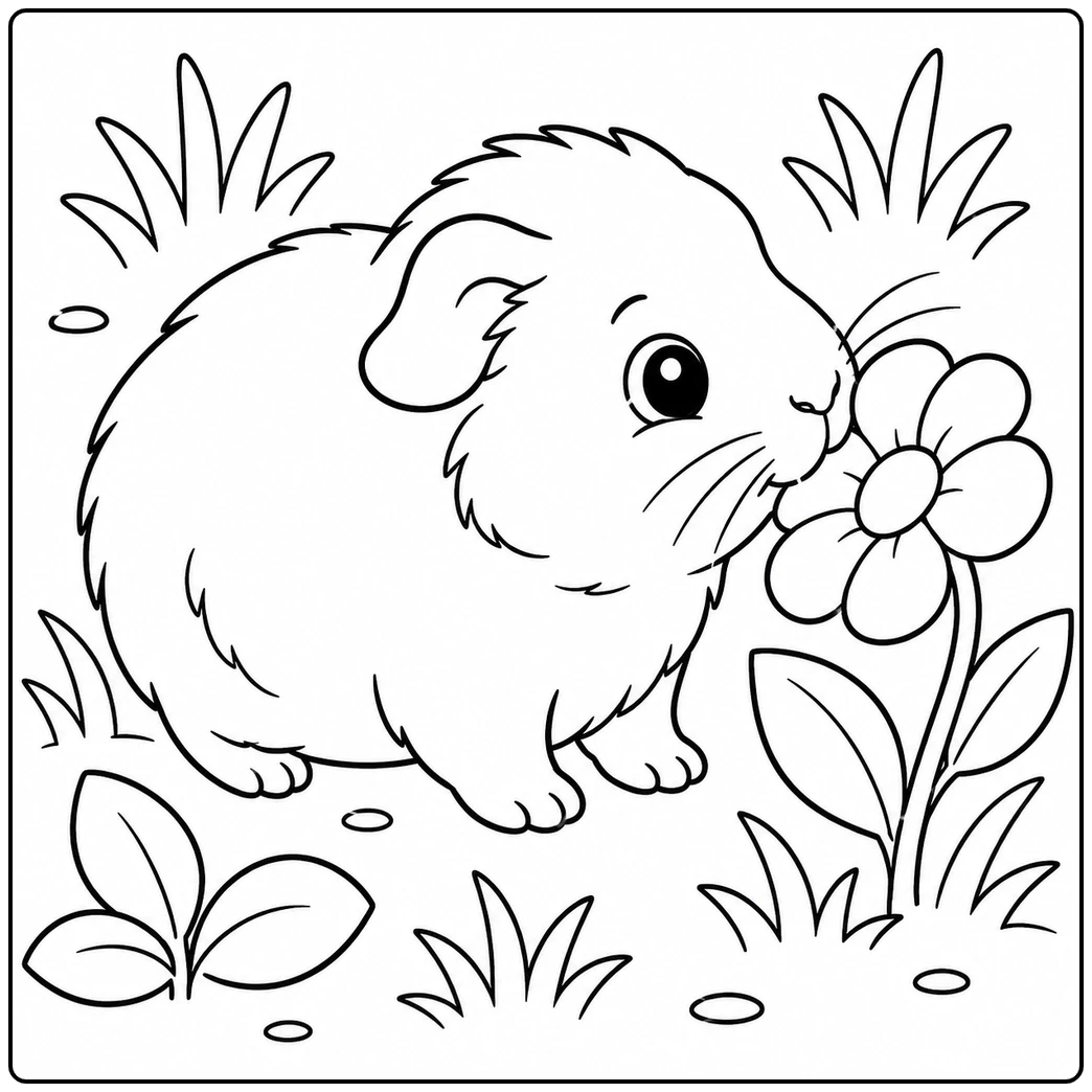 Guinea pig sniffing a tall flower in the grass, guinea pig coloring page for kids with simple bold lines