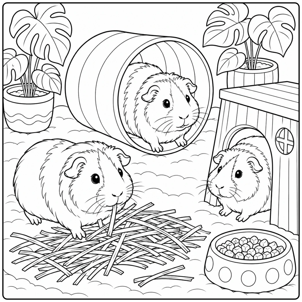 Three guinea pigs in a cozy habitat with hay, a tunnel, food bowl, potted plants, and a small house